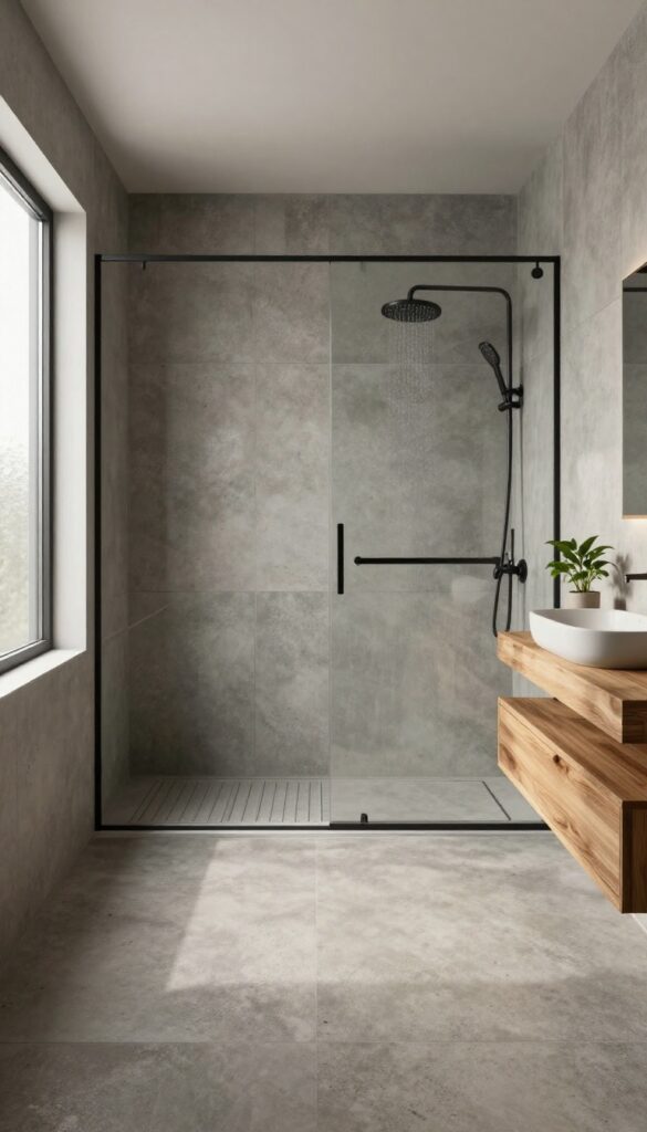 Large concrete-look tiles in a modern shower with black fixtures and wood accents