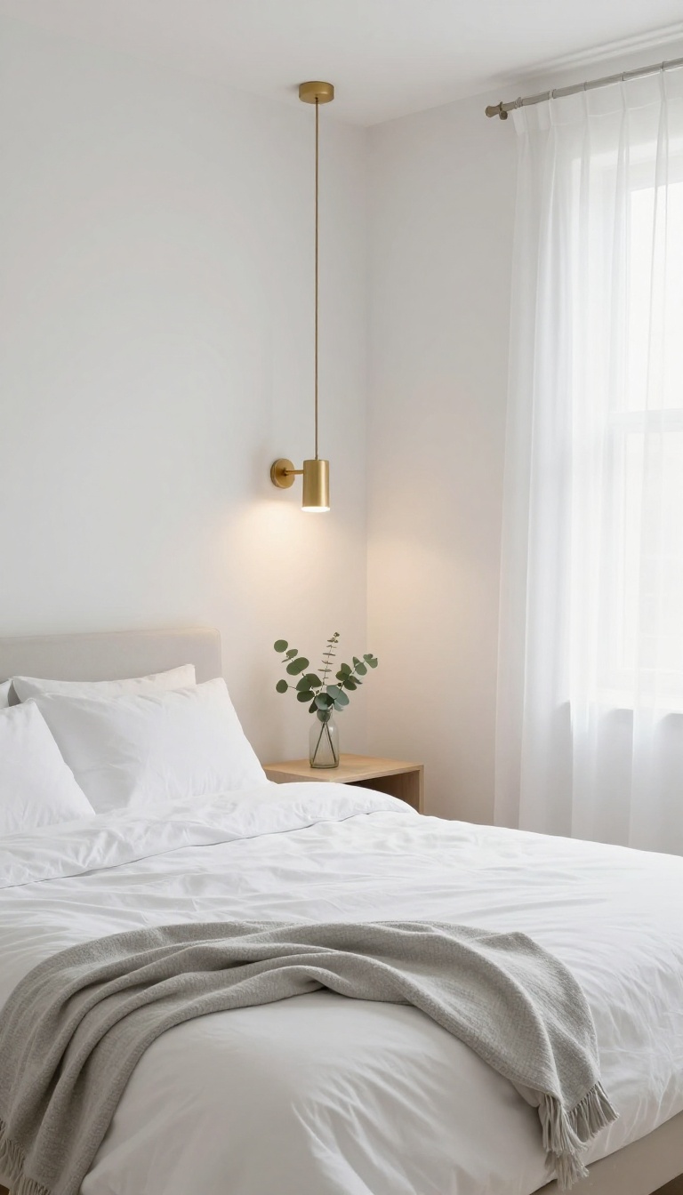 Bright guest bedroom with wall-mounted brass sconces and uncluttered nightstands