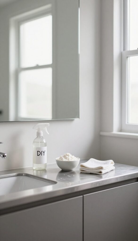 A clean mirror in a bright bathroom with a DIY glass cleaner spray bottle and cornstarch on the counter.