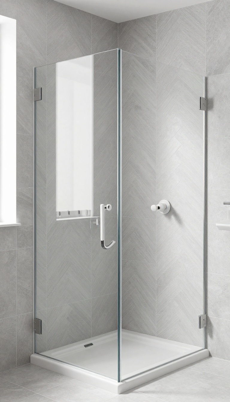 Grey herringbone tile shower with glass door and white fixtures