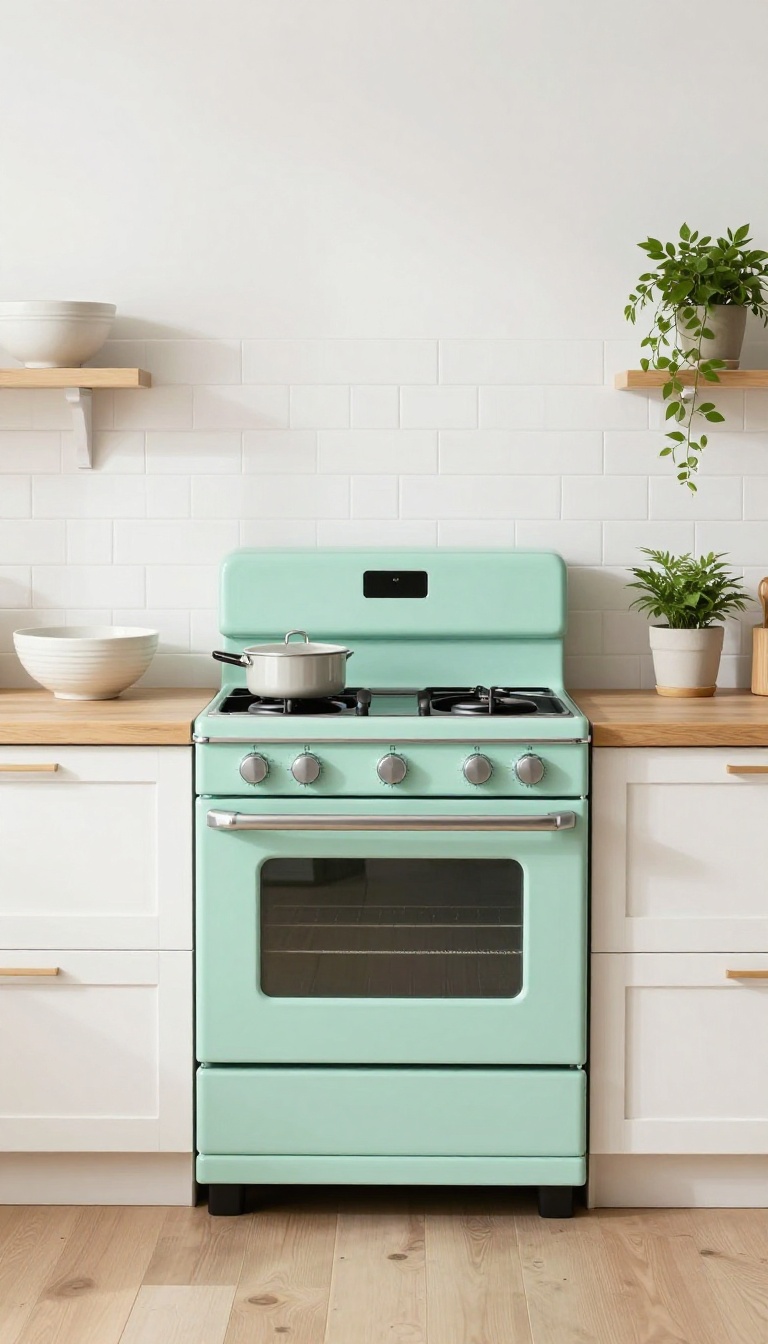 Pastel mint green retro stove with chrome details in a bright, clean kitchen setting