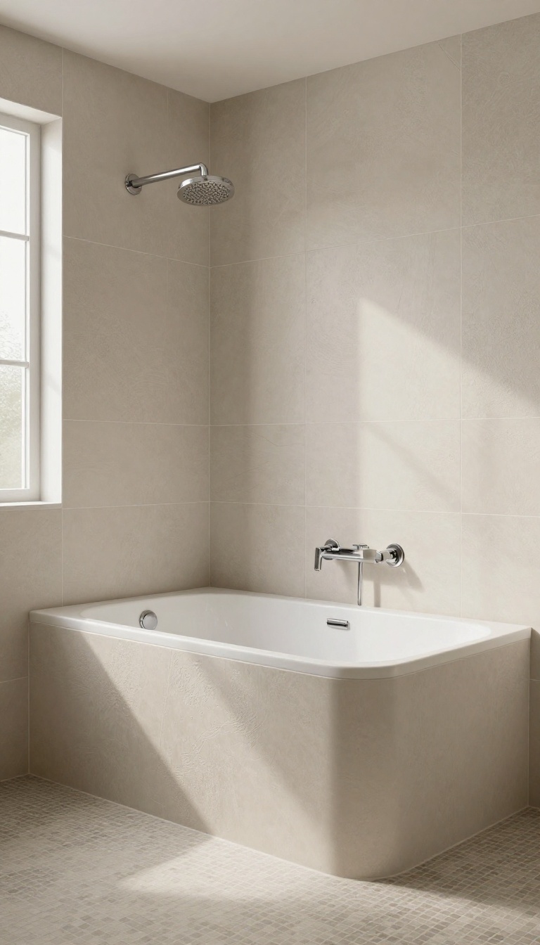 Neutral textured tiles in a tub shower with matte beige walls and gray mosaic floor, creating a spa-like bathroom.