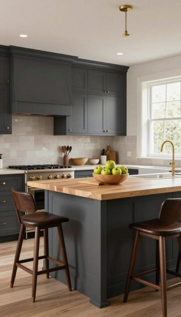 Moody kitchen with butcher block island and dark base