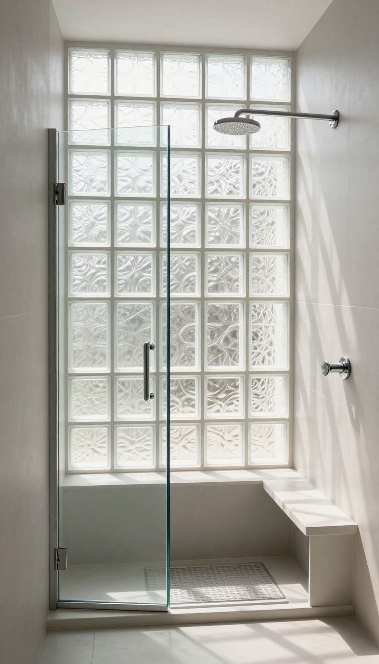 Small bathroom shower with a glass block window letting in diffused natural light, providing privacy and brightness.