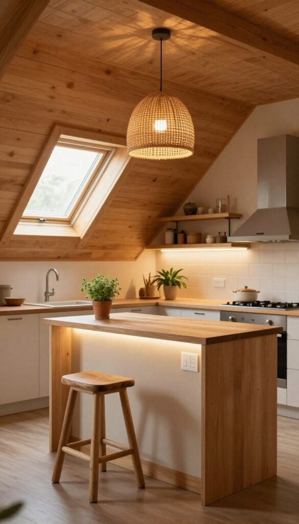 Cozy attic kitchen with layered lighting: rattan pendant, under-cabinet LEDs, and dimmer switch for a soft glow