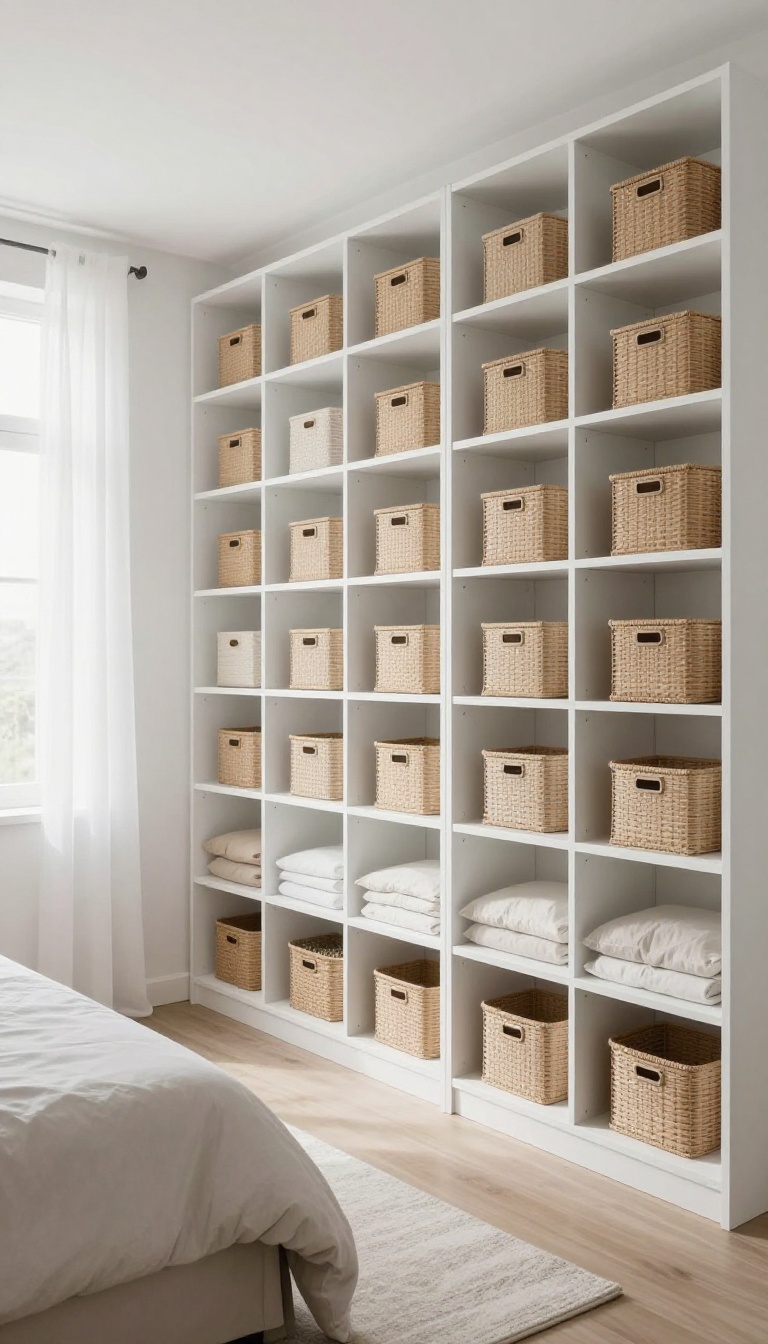 Small bedroom with tall shelves for vertical storage, designed for couples