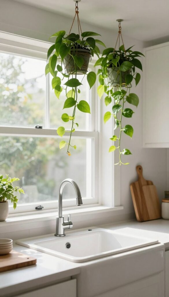 Hanging pothos plant above a kitchen sink near a bright window, adding a touch of green without clutter.