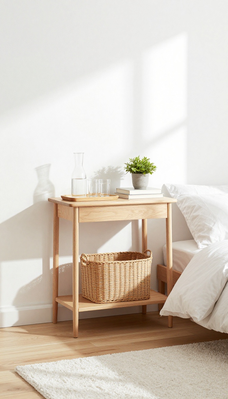 Slim console table in a bright small guest room with tray, books, and plant, open lower shelf with basket, bed in background, natural light