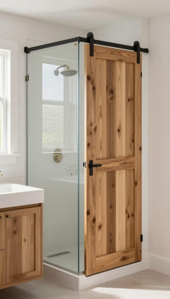 Compact bathroom with a sliding barn door on the shower stall, rustic wood and frosted glass, farmhouse style, bright natural light