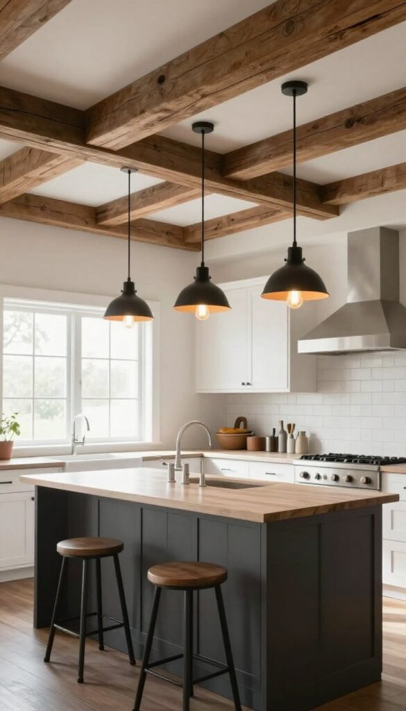 Modern barndominium kitchen with a row of industrial pendant lights over the island