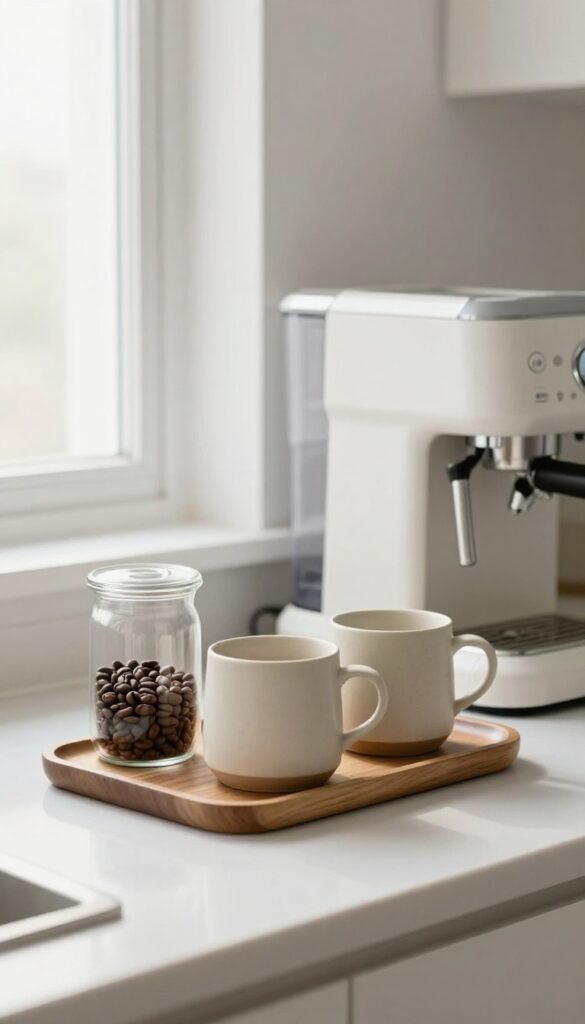 Minimalist coffee station on a kitchen countertop with wooden tray, espresso machine, glass jar, and ceramic mugs in natural light.