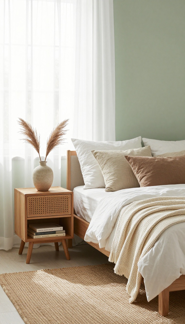 Guest bedroom with muted sage green walls, white bedding, and natural textures in soft light