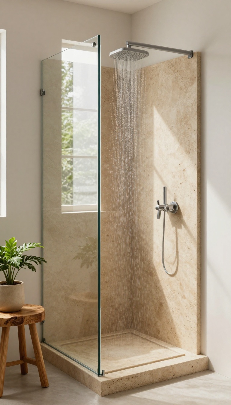 Eco-friendly bathroom with a recycled composite stone shower tray, natural wood accents, and soft daylight.