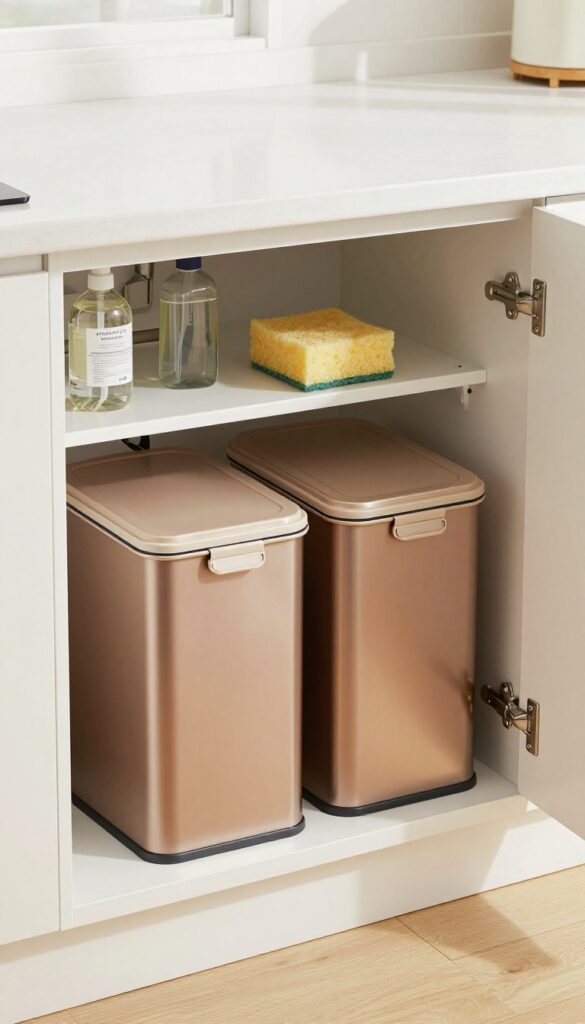 Under-sink cabinet with a dual-compartment bin in warm bronze finish, neatly organized with trash and recycling compartments, in a bright kitchen.