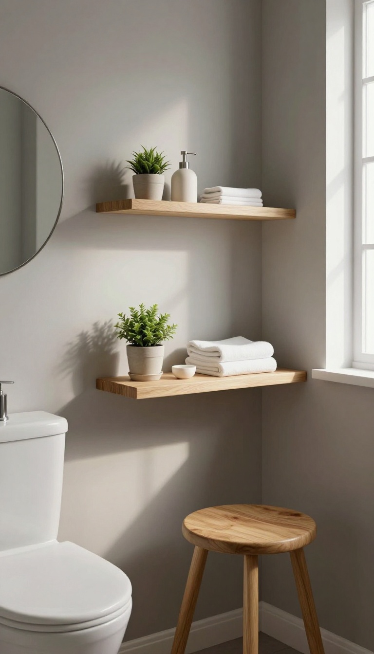 Slim wall-mounted shelf above toilet in a small guest bathroom, styled with a plant, soap dispenser, and folded towels.