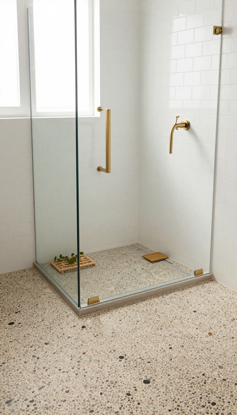 Modern shower with pebble tile floor and niche, natural spa vibe, clean lines