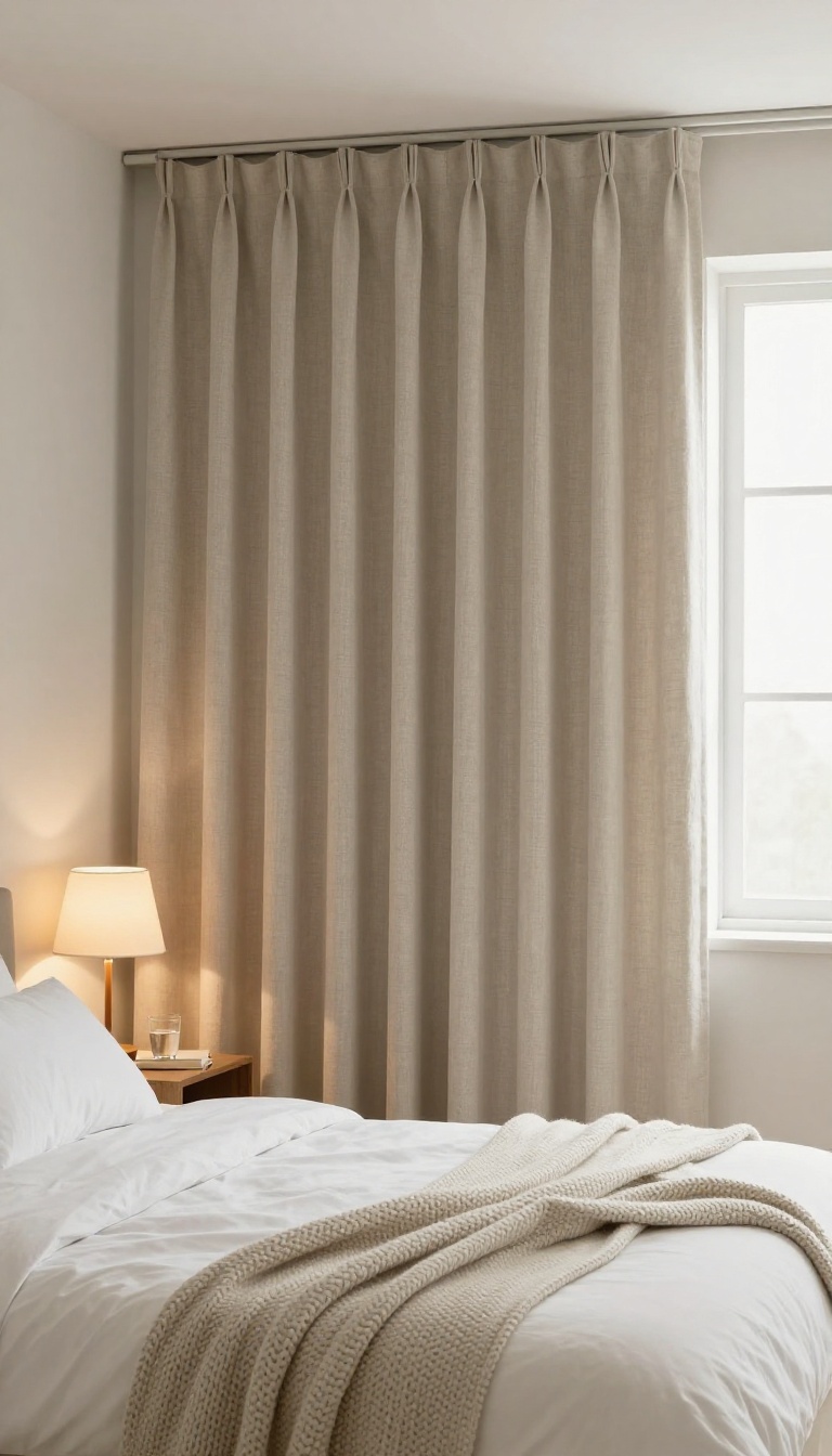 Cozy guest bedroom with blackout curtains blocking light, warm bedside lamp, and inviting bed