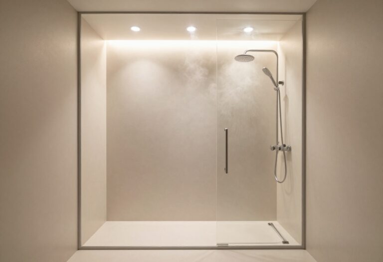 Modern shower with warm ambient lighting and backlit niche