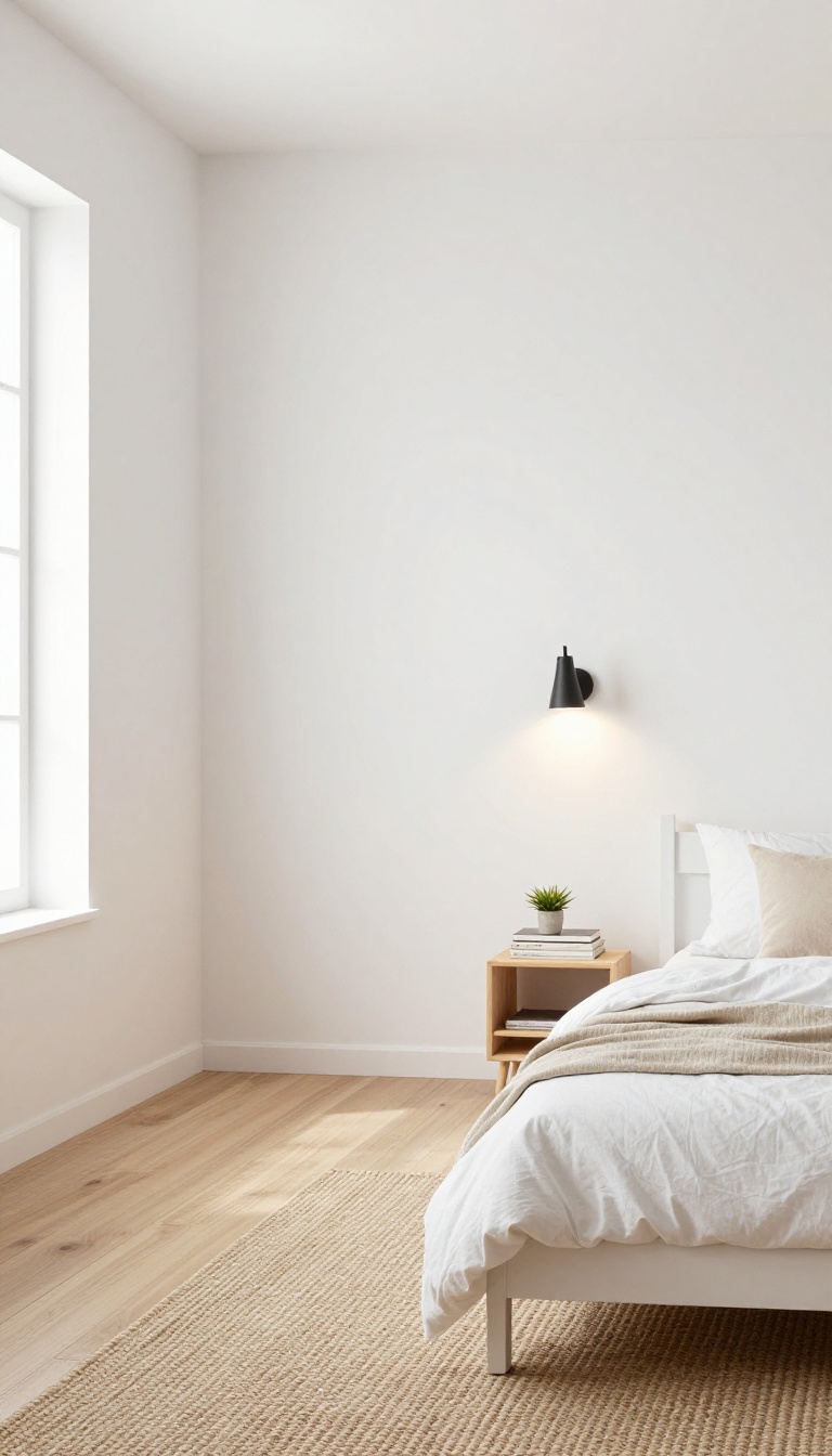 Small bedroom with wall-mounted sconces and clear floor, creating an airy and minimalist look.