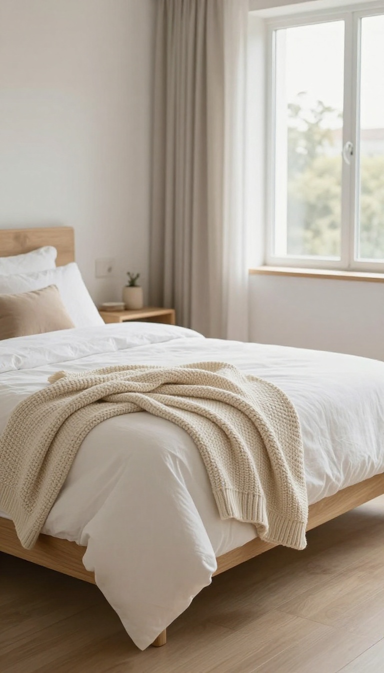 Cozy modern guest bedroom with white linens and a chunky knit throw at the foot of the bed