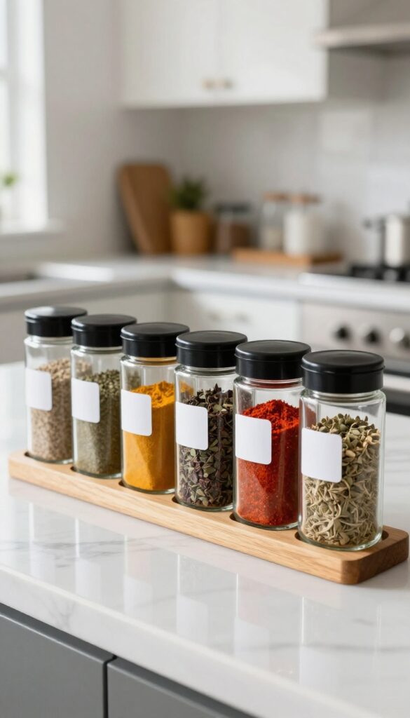 Organized spice rack with matching labeled jars on a kitchen countertop in natural light