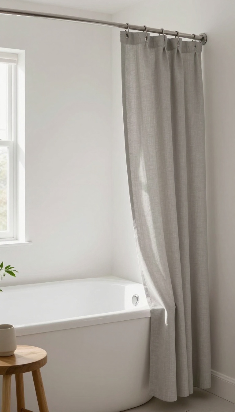 Small bathroom with curved tension rod and gray shower curtain