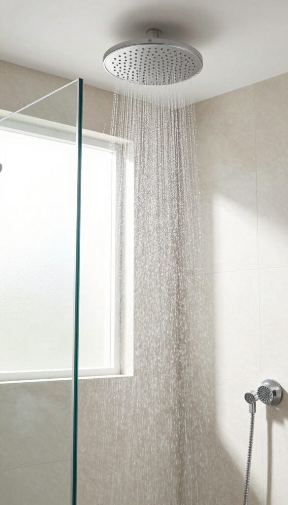 Modern shared shower with ceiling-mounted rainfall shower head and handheld sprayer in a bright, spa-like bathroom