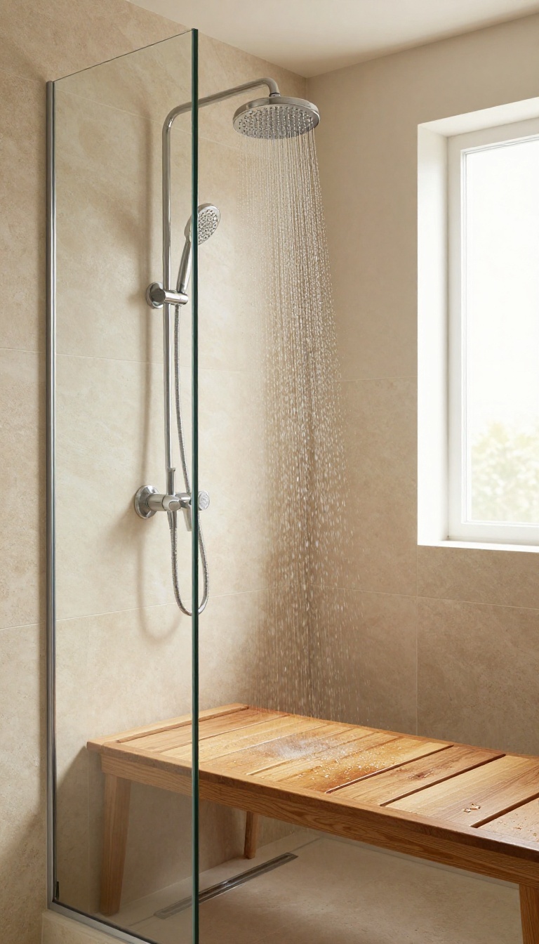 Teak shower bench with backrest in a modern walk-in shower, spa-like bathroom setting