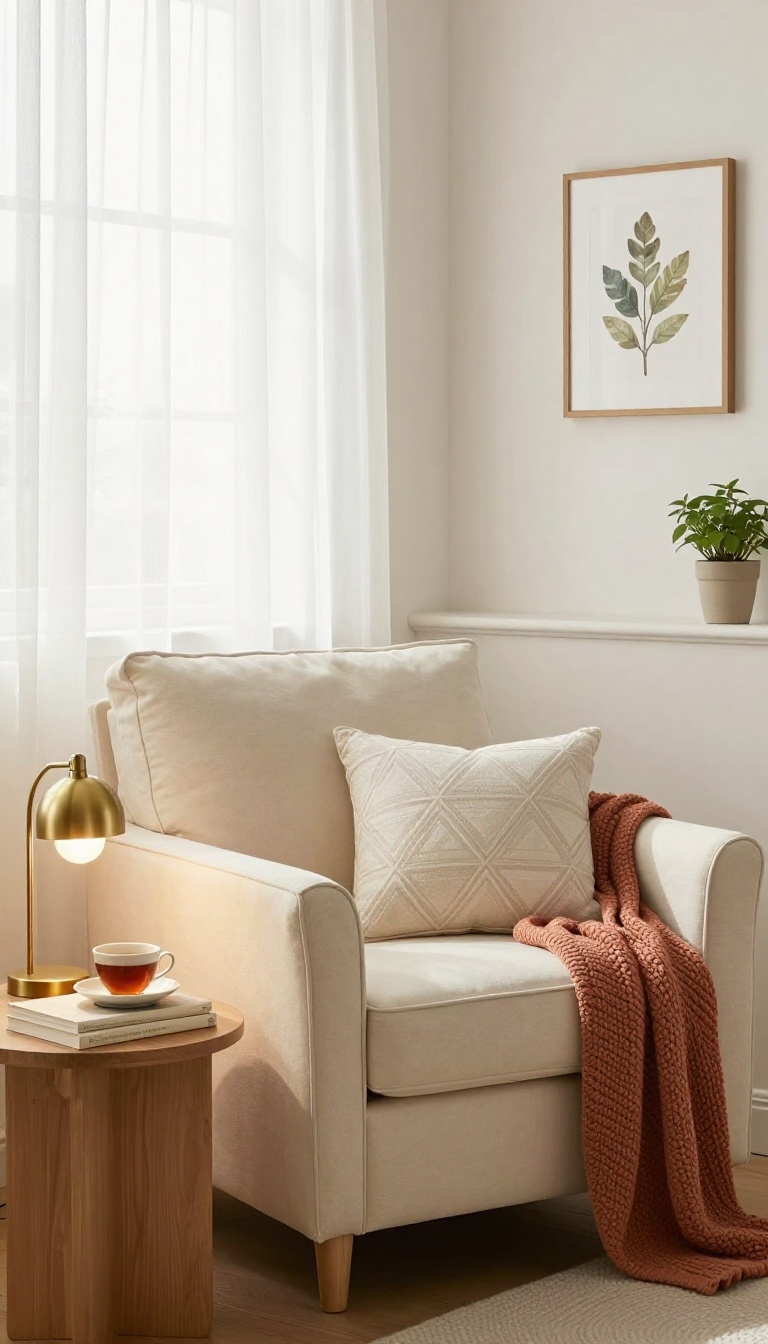 A cozy reading nook in a warm guest bedroom with an armchair, side table, reading lamp, and soft throw blanket near a window.