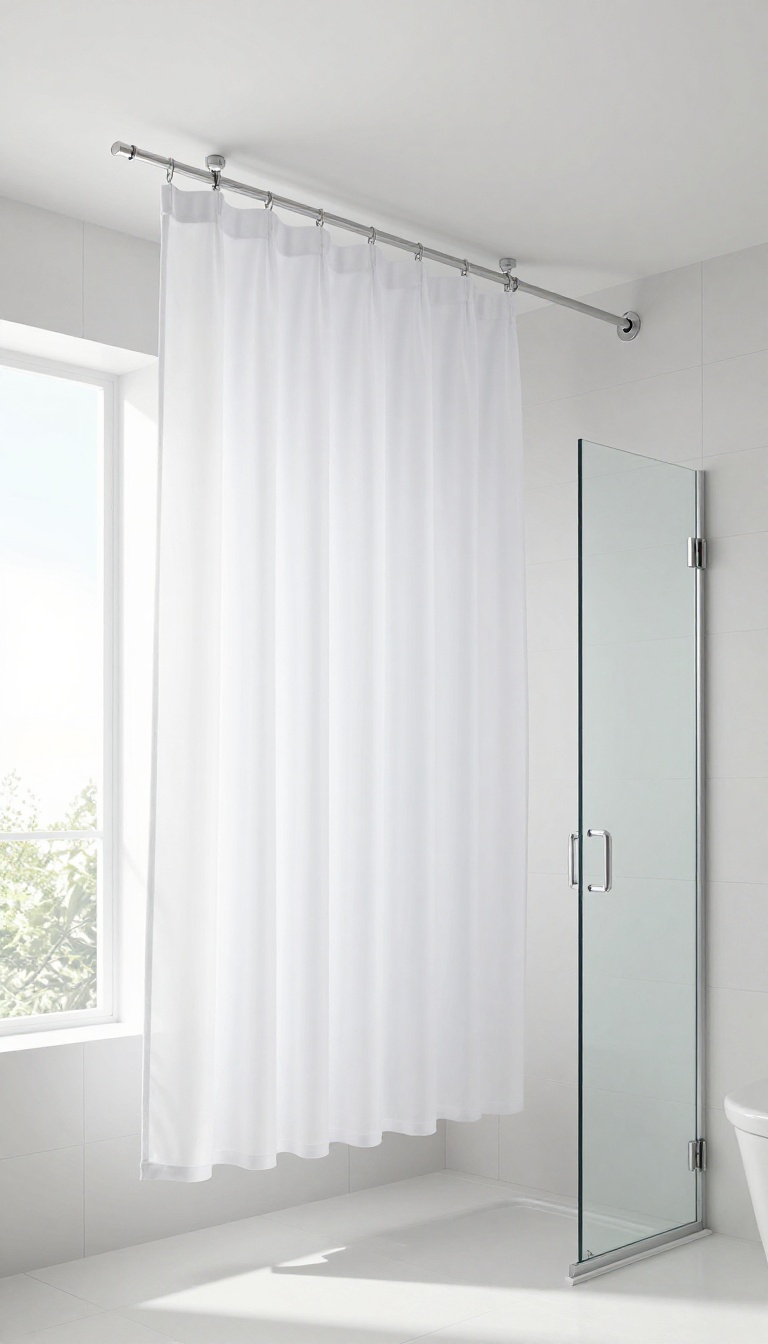 Ceiling-mounted shower curtain track system in a modern bathroom with curved track and white fabric curtain.