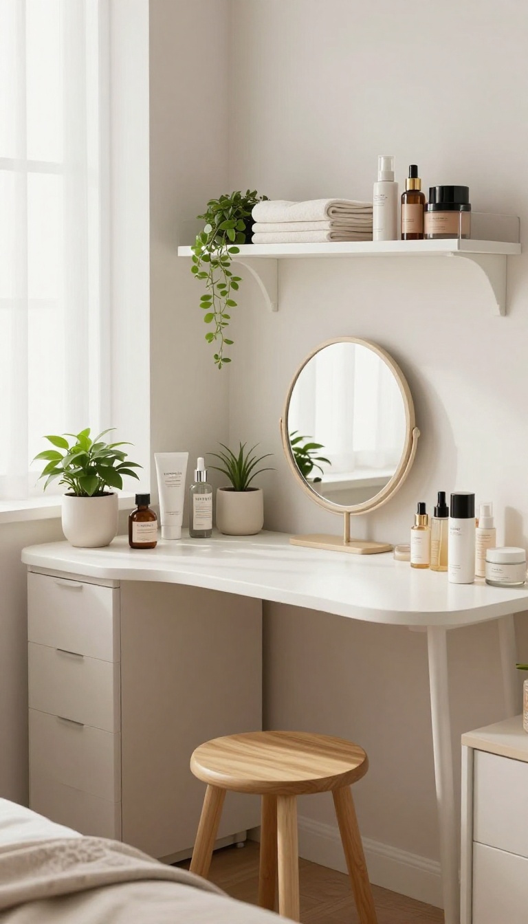 A small bedroom corner with a compact vanity desk, round mirror, floating shelves, and natural light, maximizing dead space.