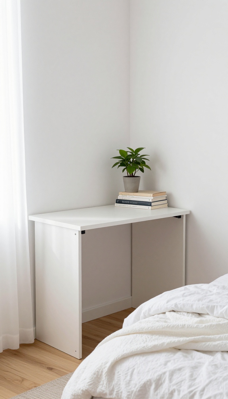Small guest bedroom with a fold-down desk open against the wall, showing a workspace that saves space