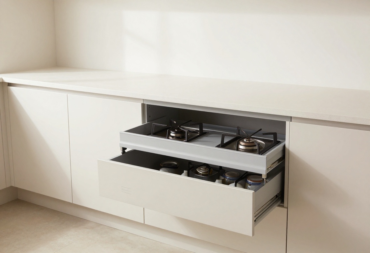 Modern kitchen with a built-in ventilated cabinet for gas cylinder storage