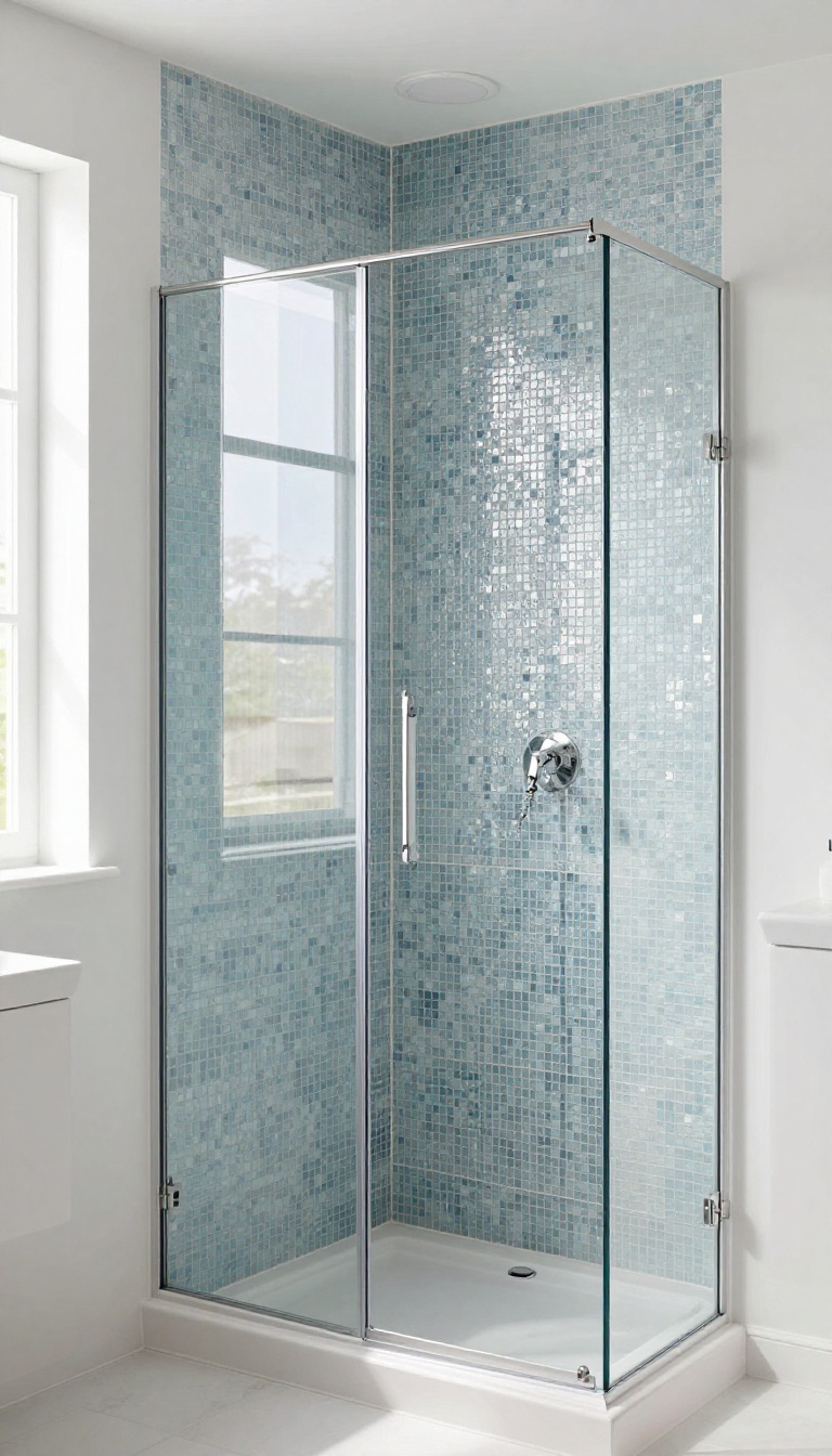 Glass tile mosaic above a shower in a bright bathroom, adding a touch of glamour with shimmering blue and silver tiles.