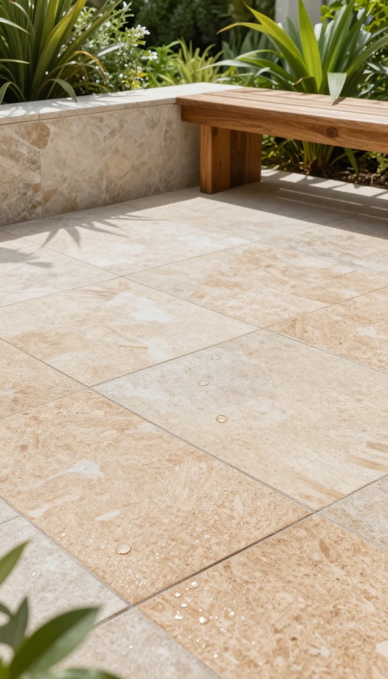 Outdoor shower with cork flooring and natural surroundings