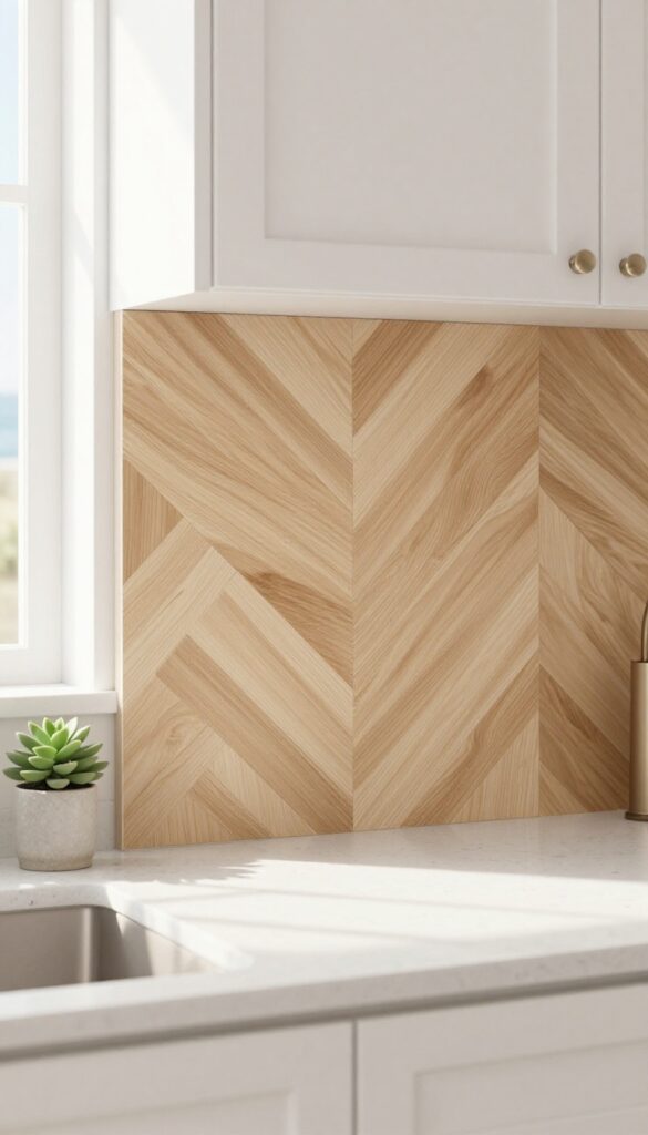Light wood herringbone backsplash in a coastal kitchen with white cabinets and quartz countertop
