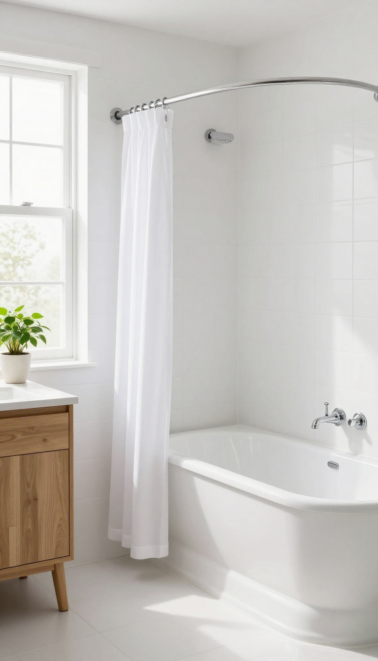 Corner bathtub with curved shower rod and wraparound curtain in a bright family bathroom