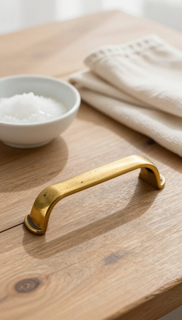 Close-up of a brass handle being cleaned with vinegar and salt paste, showing the contrast between tarnished and polished areas.