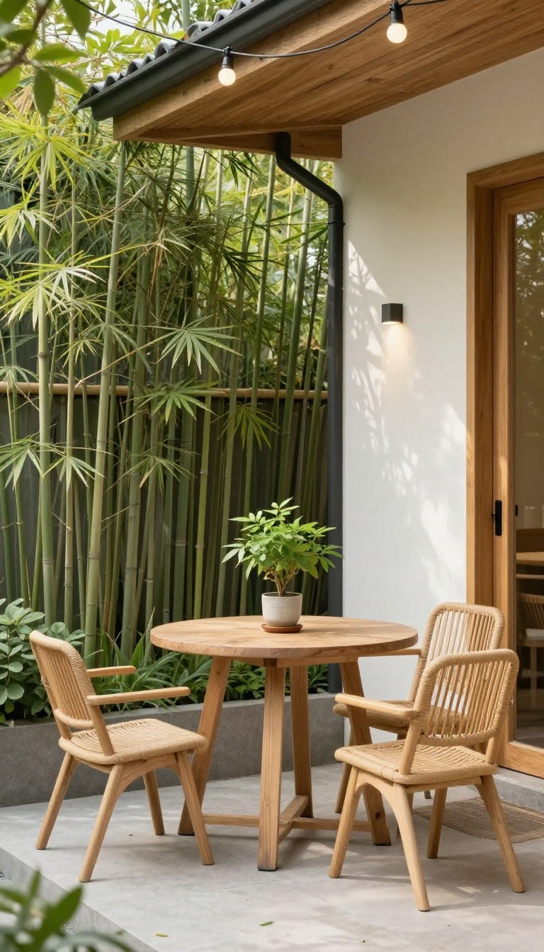 Private patio with bistro set and bamboo privacy screen attached to a guest house