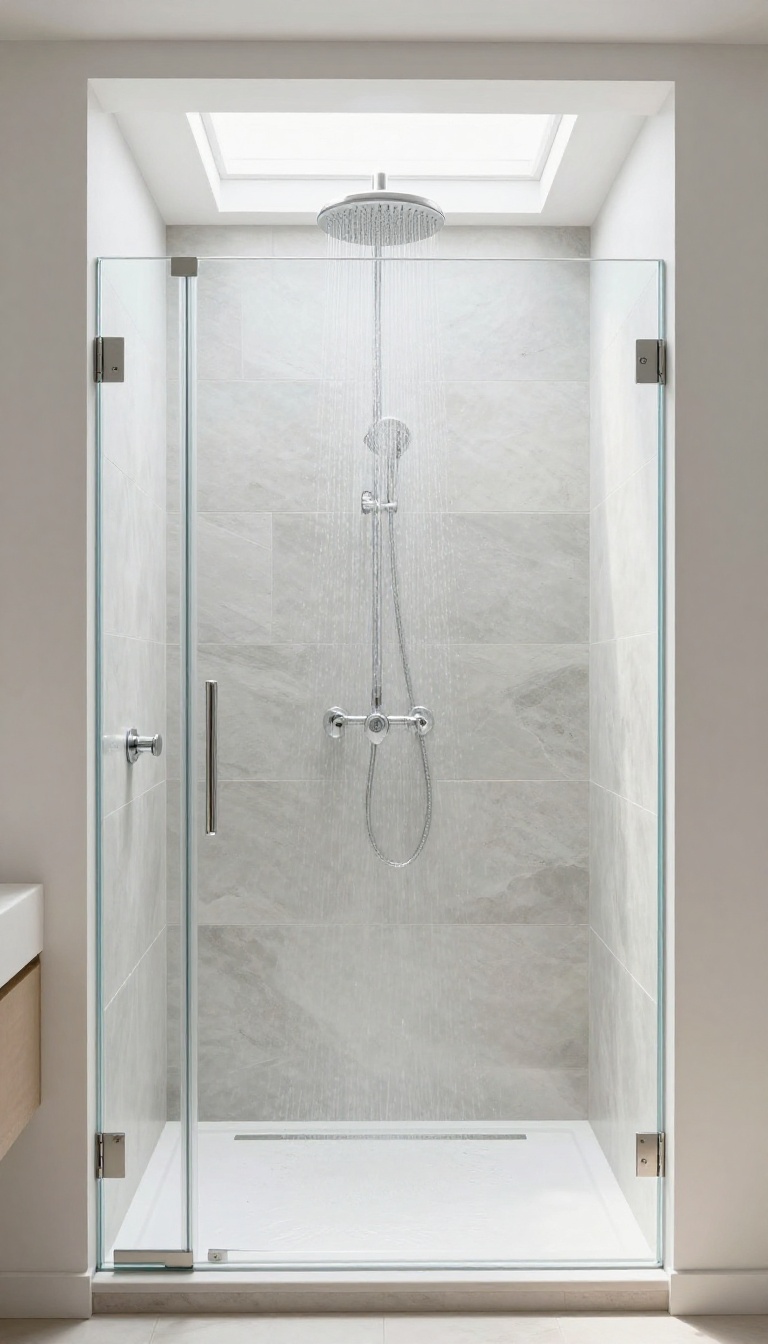 Modern shower with skylight overhead, bright natural light, sleek glass enclosure, and stone tiles