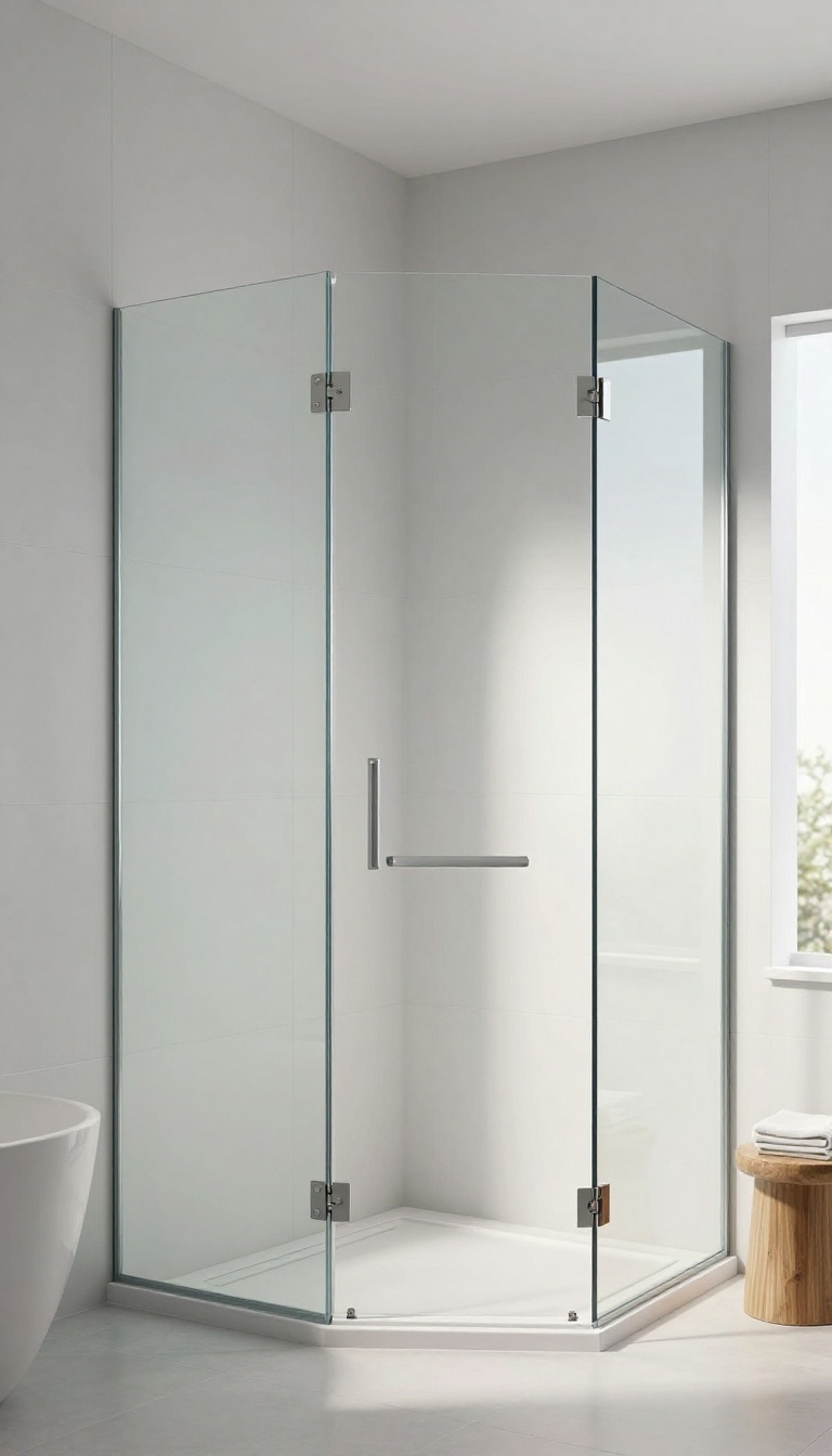 Modern bathroom with frameless glass shower panel and bright natural light