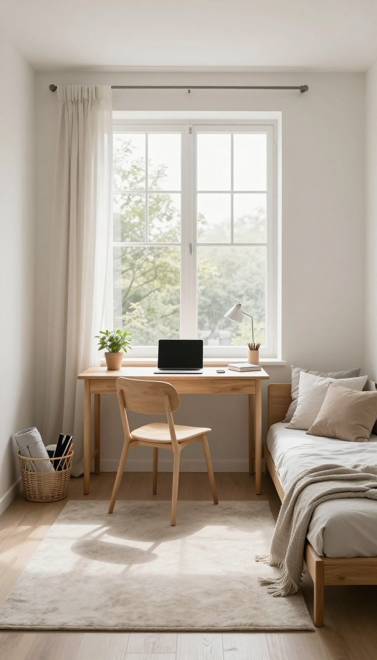 Bright guest room with a window desk and a daybed, styled for both work and relaxation.