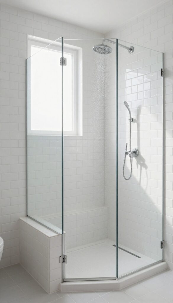White tile shower with a built-in bench, seamlessly integrated into the tiled wall, creating a clean and spa-like look.