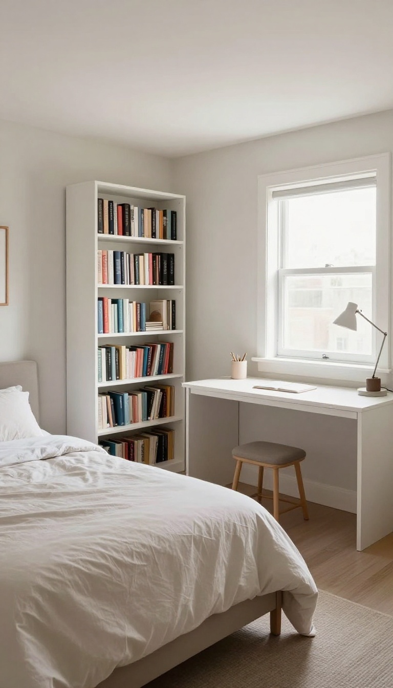 Multi-functional basement guest bedroom with a home office area, featuring a slim desk, a cozy bed, and a bookshelf divider.