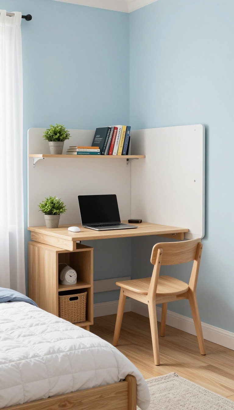 Fold-down desk in a small boys' bedroom, providing a compact study area without taking up floor space.