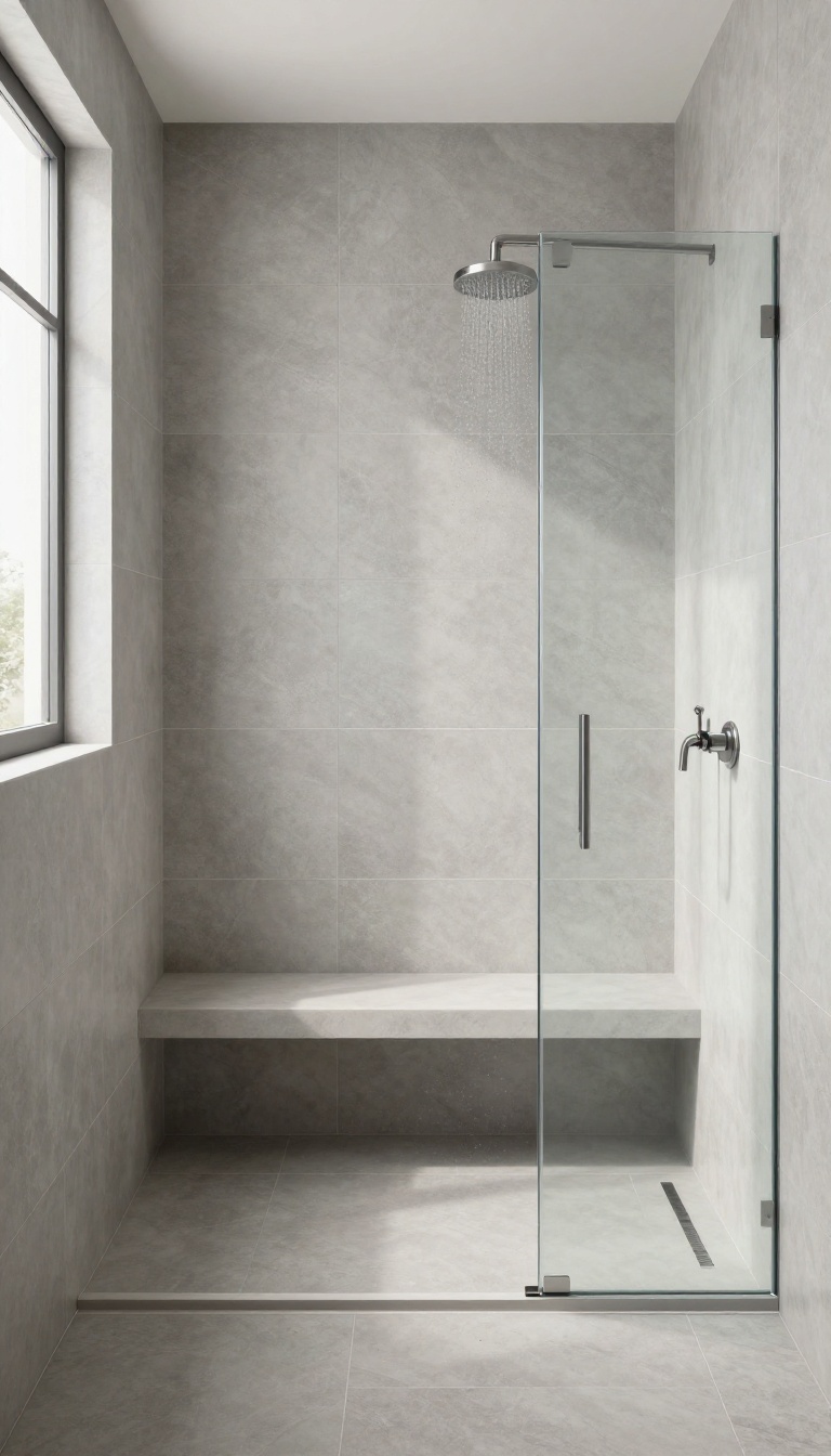 Large-format grey porcelain tiles in a modern shower with minimal grout lines, creating a seamless and spacious look.