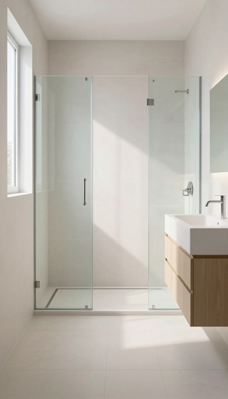 Seamless walk-in shower with continuous floor tile from bathroom to shower, curbless design, linear drain, bright natural light