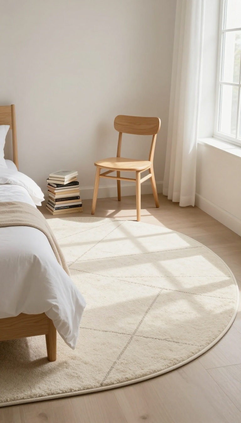 Small bedroom with a round rug defining a cozy reading nook and a rectangular rug anchoring the bed, creating distinct zones in a bright, airy space.