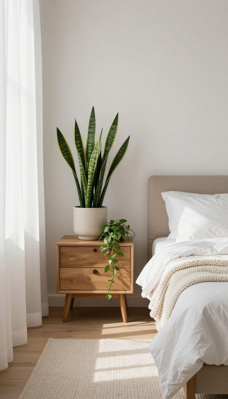 Cozy modern guest bedroom with low-maintenance plants like snake plant and pothos, soft natural light, neutral decor.