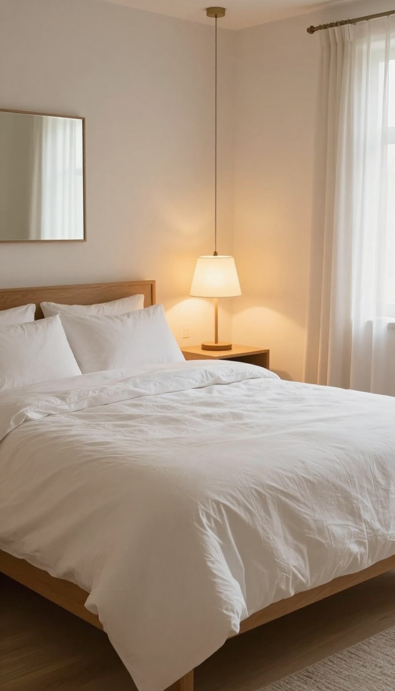 Cozy boutique-style small bedroom with layered warm lighting from pendant, table lamp, and floor lamp, creating a warm inviting glow.
